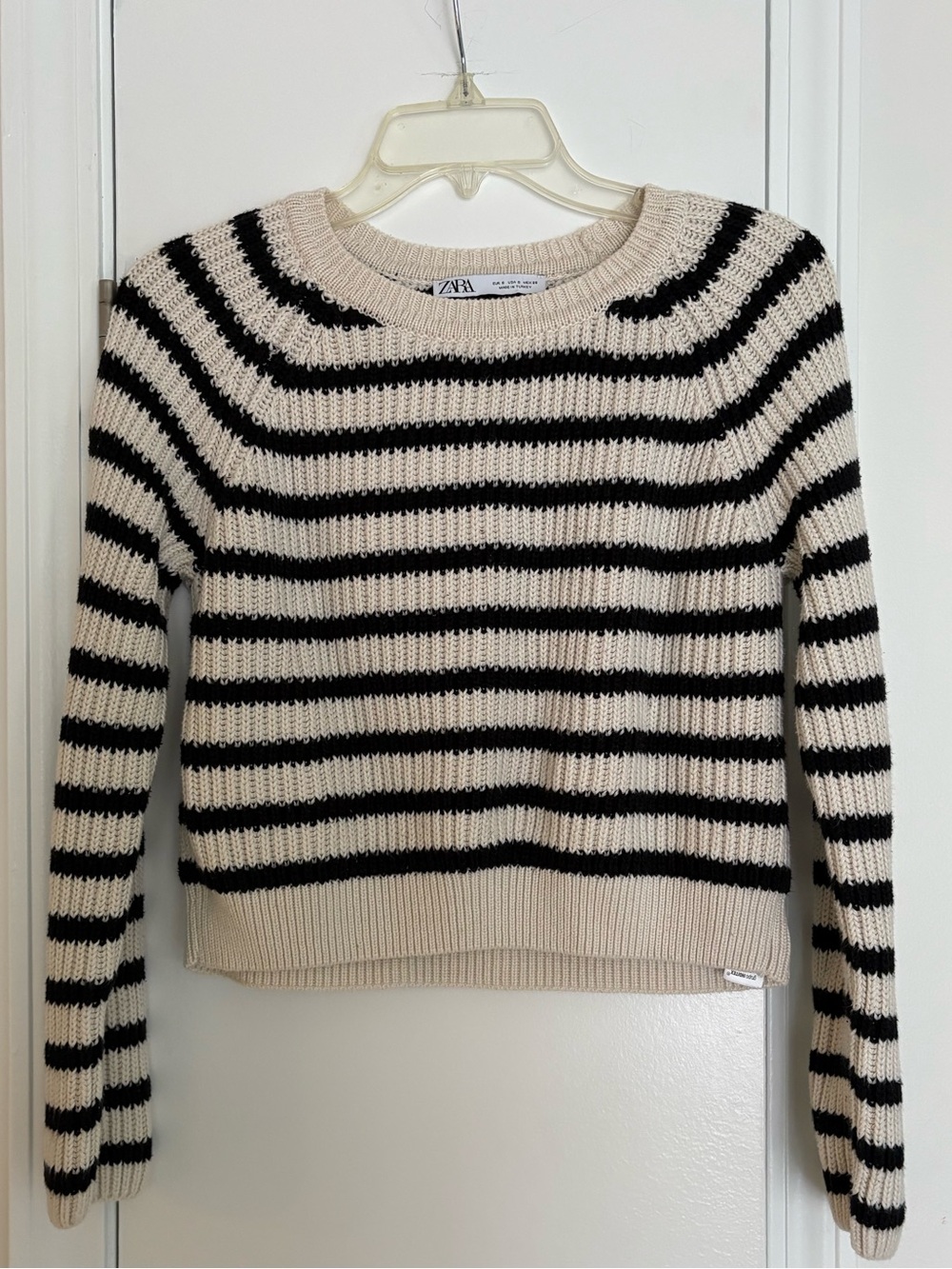 ZARA Cropped Black & Cream Striped Crewneck Sweater